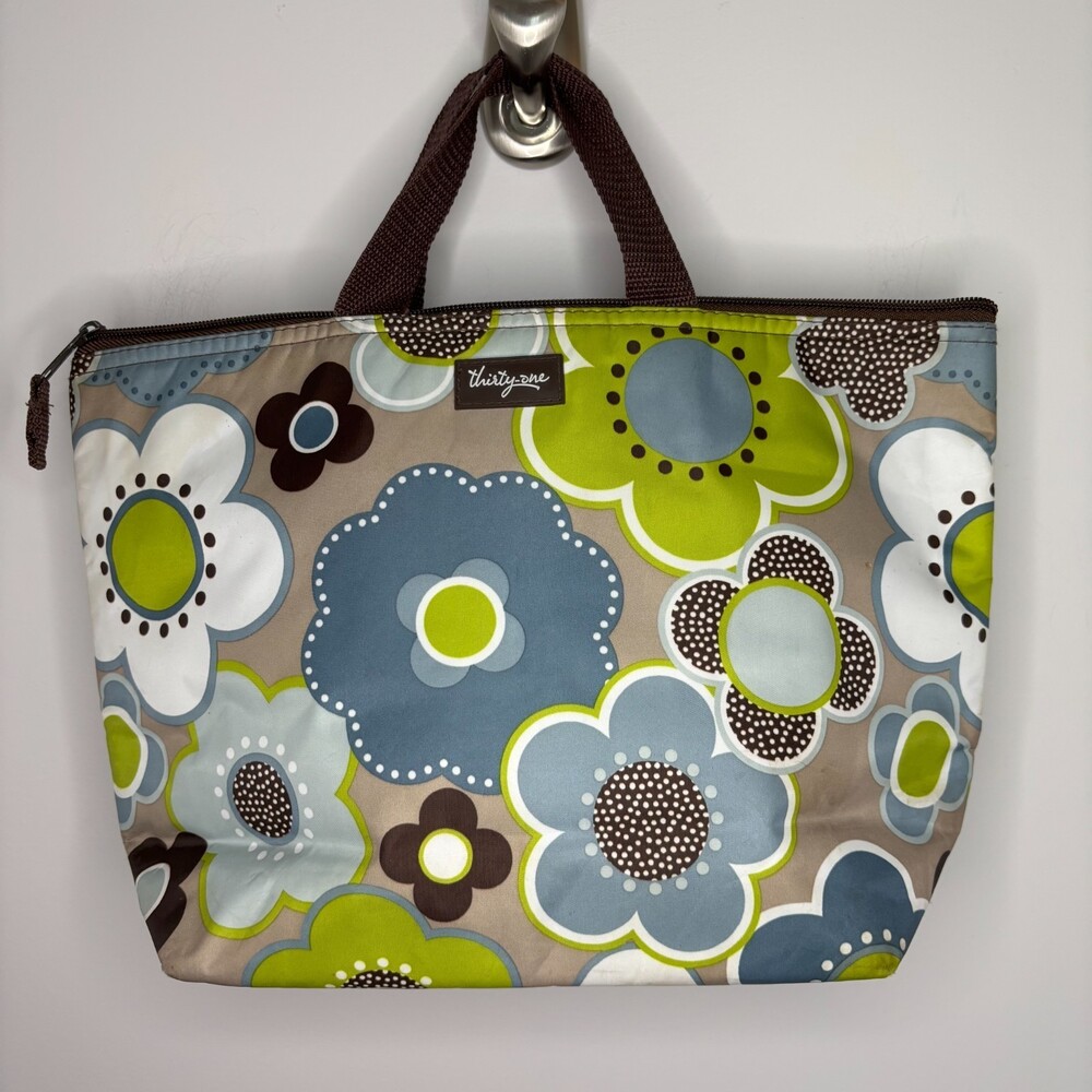 THIRTY-ONE Insultated Lunch Tote Floral Lime Blue Green Zipper Mesh Handles